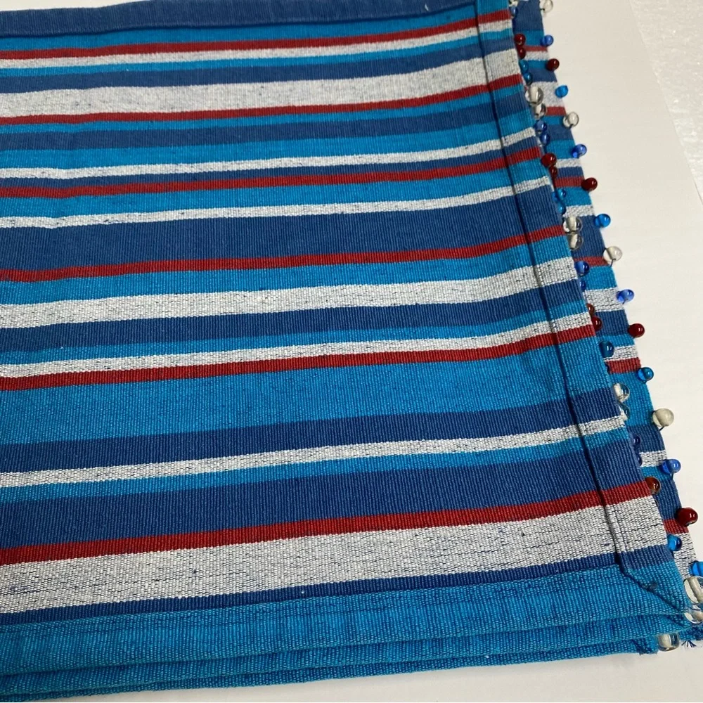 Pier 1 Imports Striped Tapestry Placemats set of 6 Beaded blues red gray Casual